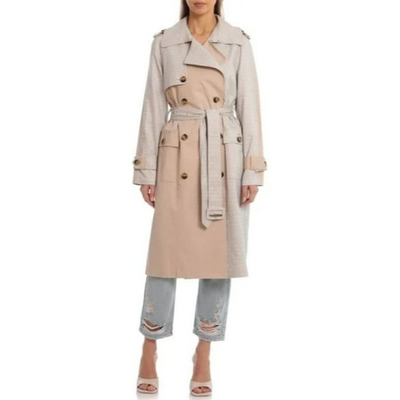 Avec Les Filles Jackets & Blazers - Avec Les Filles Mixed Print Tan Plaid Check Combo Classic Belted Trench Coat